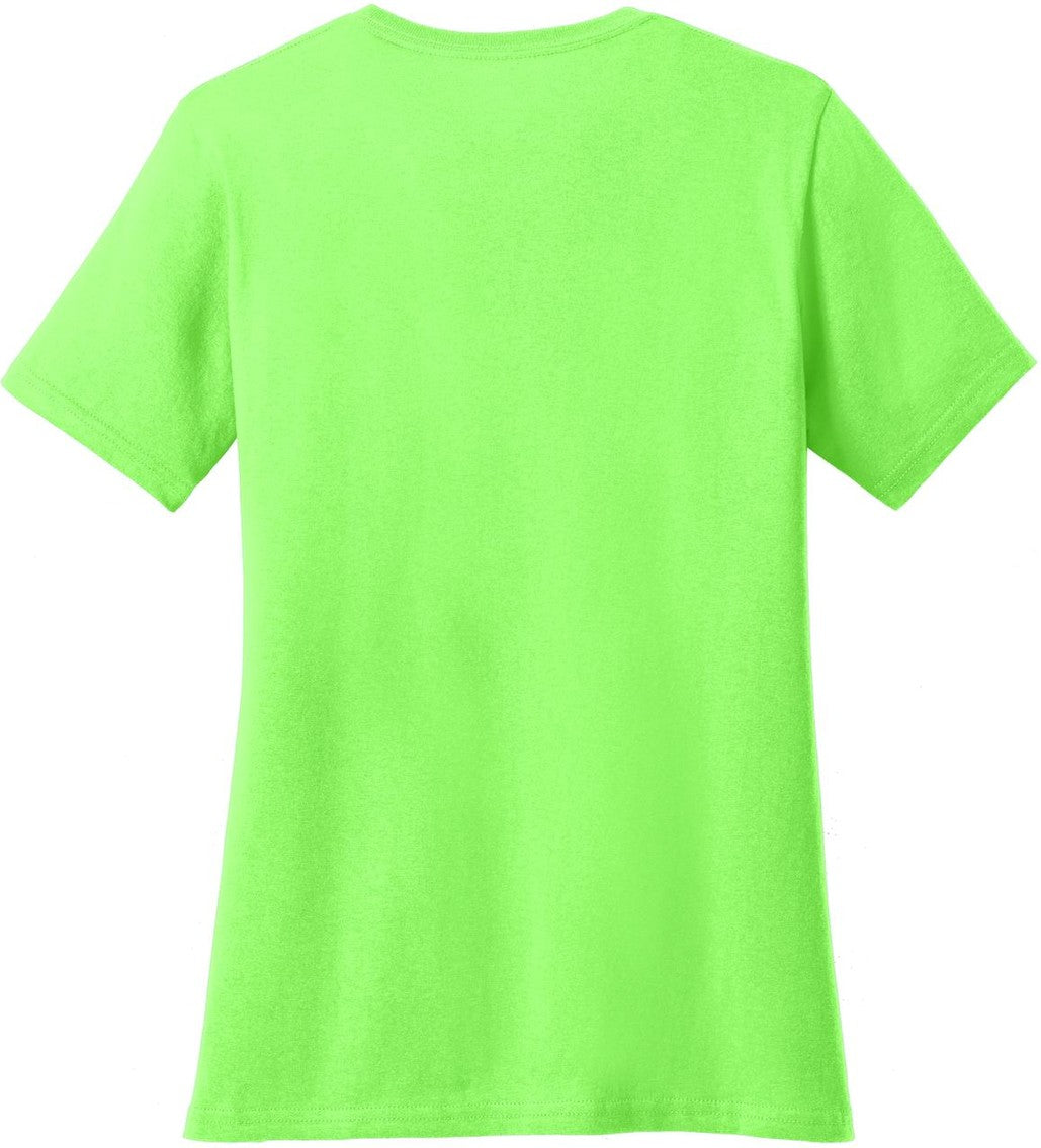 Front View of Neon Green Port & Co Women's Core Cotton V-Neck Tee. LPC54V