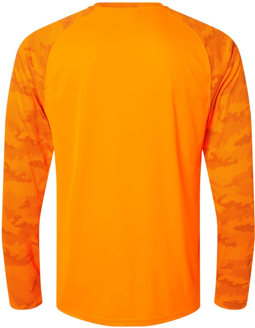 Front View of Neon Orange Cayman Performance Camo Colorblocked Long Sleeve T-Shirt - 216