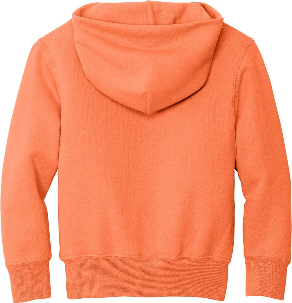 Front View of Neon Orange Port & Co Youth Core Fleece Pullover Hooded Sweatshirt. PC90YH