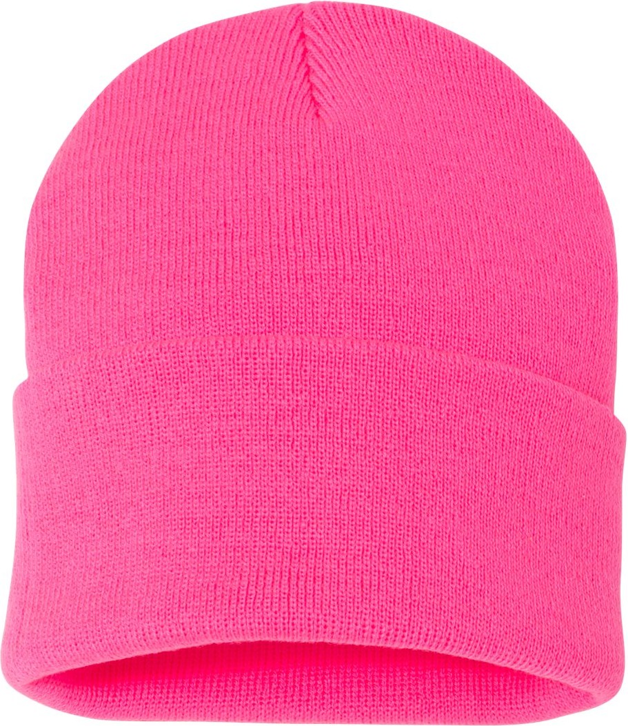 Front View of Neon Pink 12" Solid Cuffed Beanie - SP12