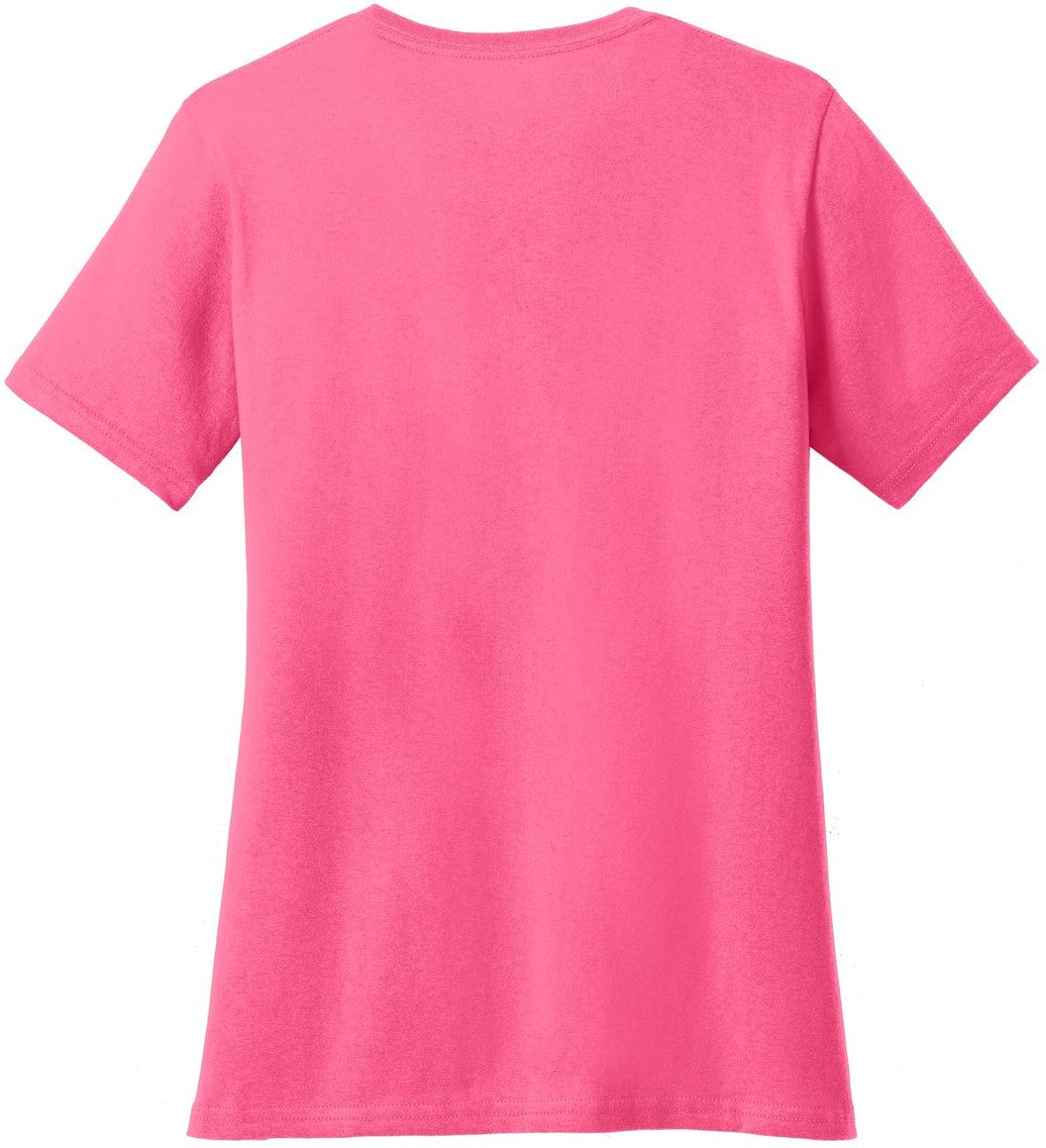Front View of Neon Pink Port & Co Women's Core Cotton V-Neck Tee. LPC54V