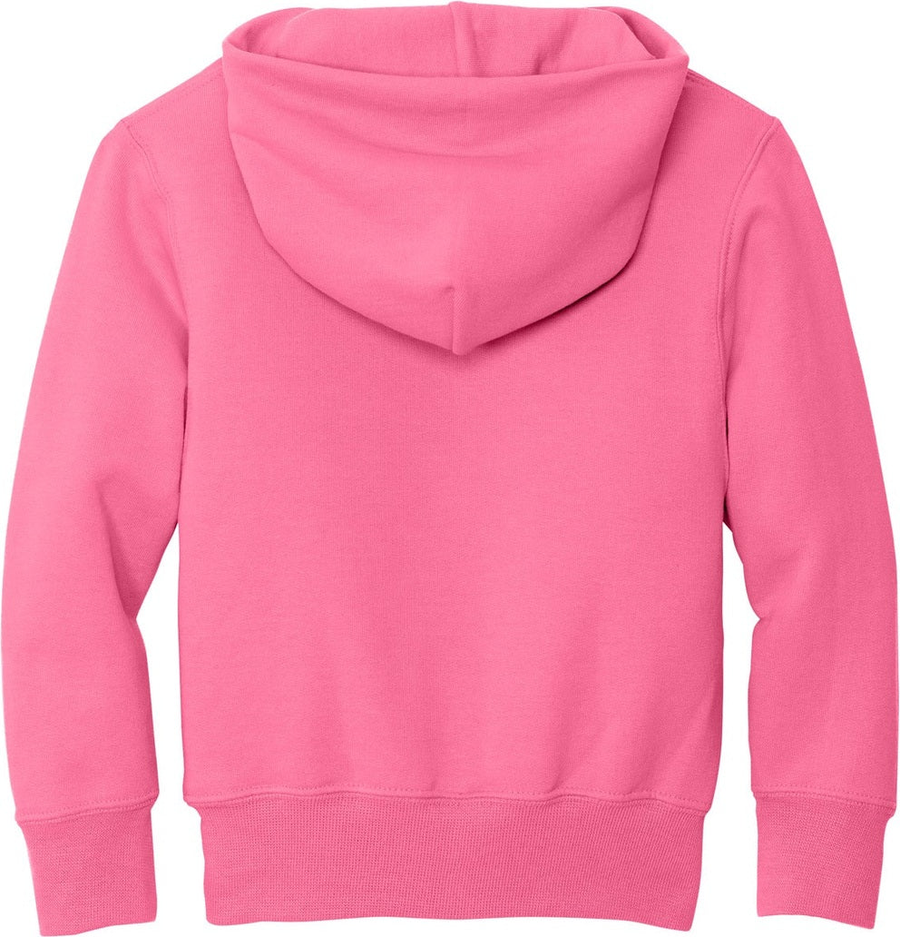 Front View of Neon Pink Port & Co Youth Core Fleece Pullover Hooded Sweatshirt. PC90YH