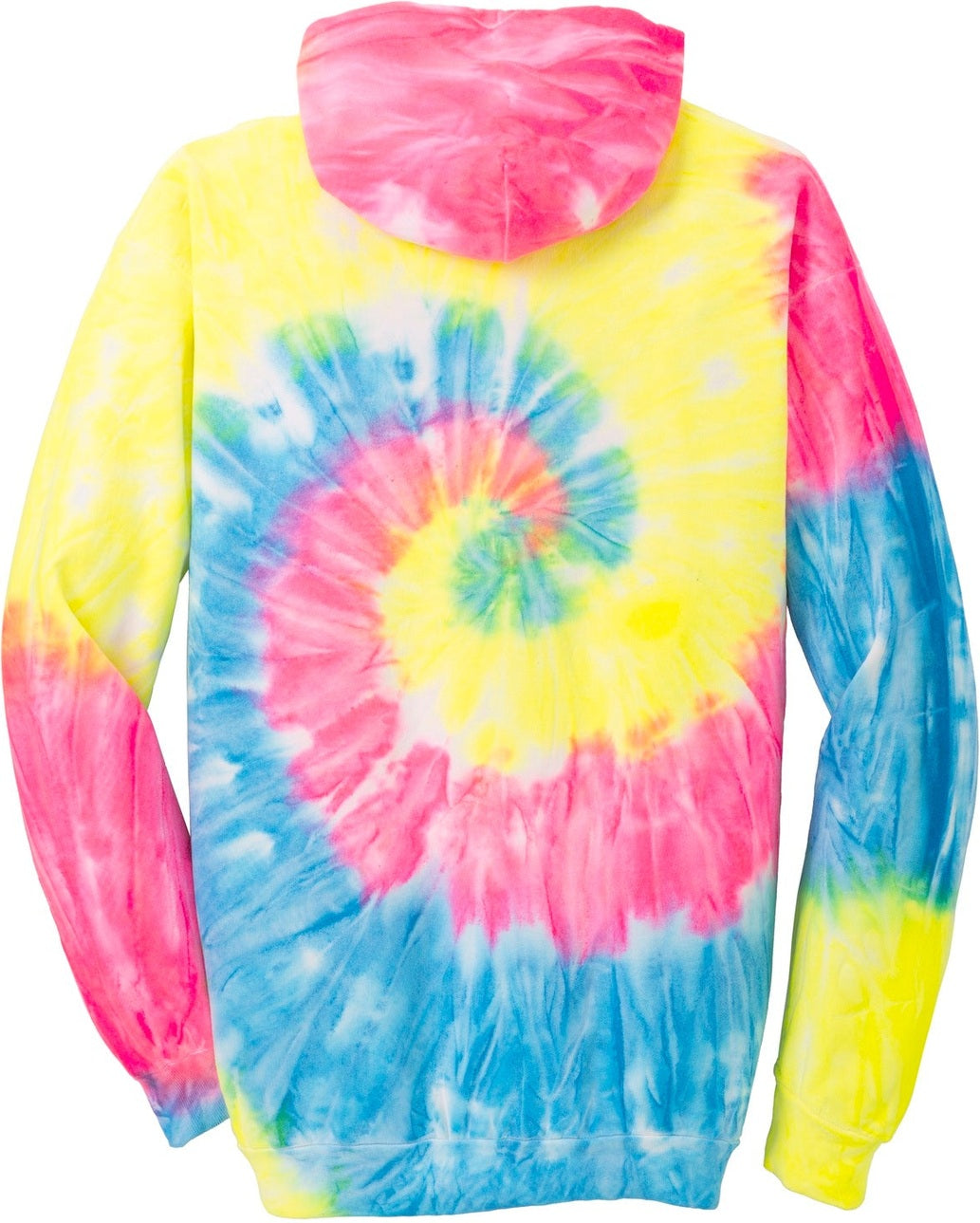 Rear View of Neon Rainbow Port & Co Tie-Dye Pullover Hooded Sweatshirt. PC146
