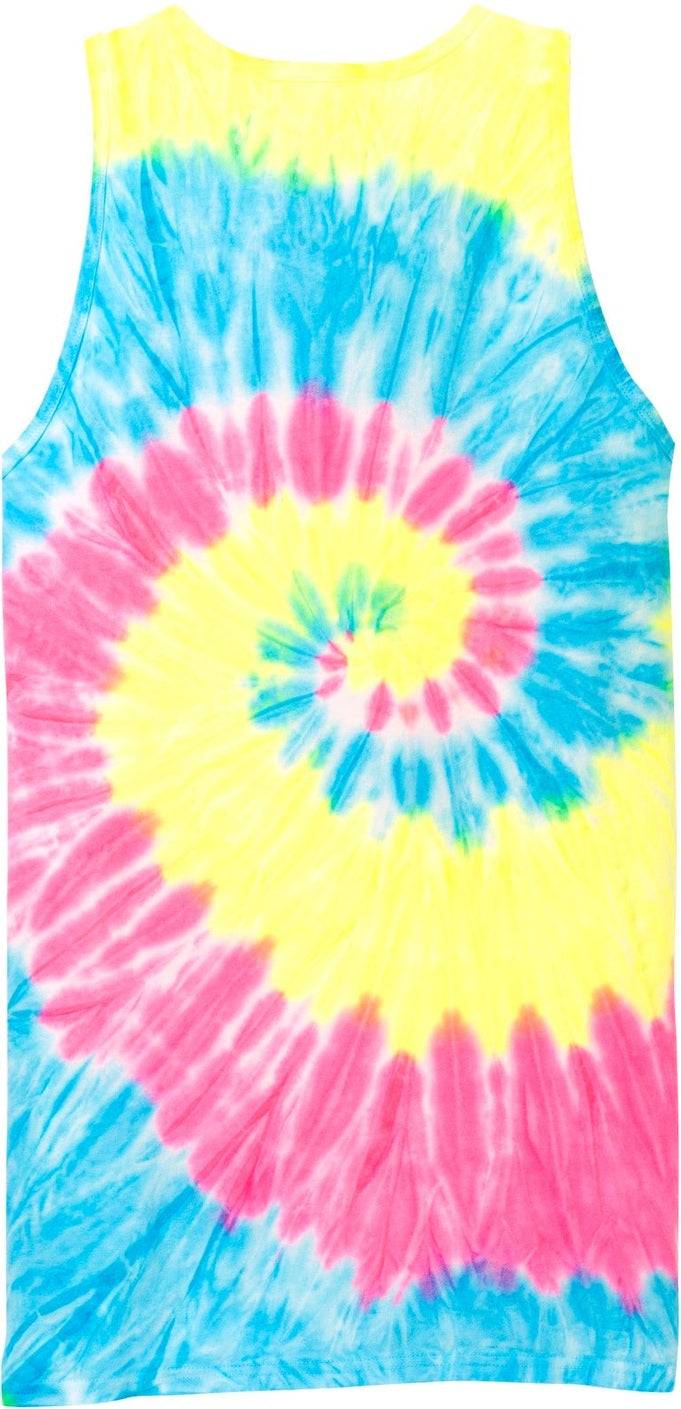 Front View of Neon Rainbow Port & Co Tie-Dye Tank Top. PC147TT