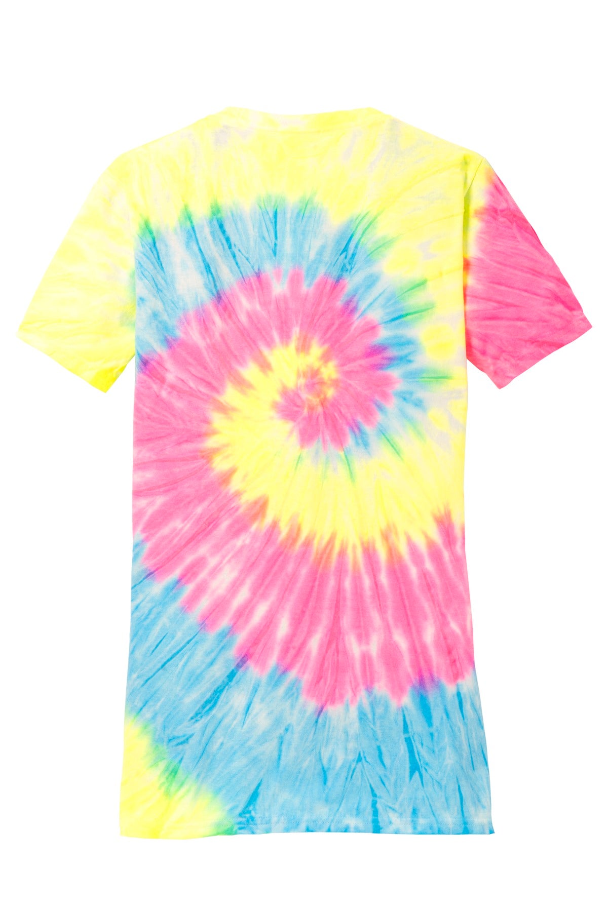 Front View of Neon Rainbow Port & Co Women's Tie-Dye V-Neck Tee. LPC147V