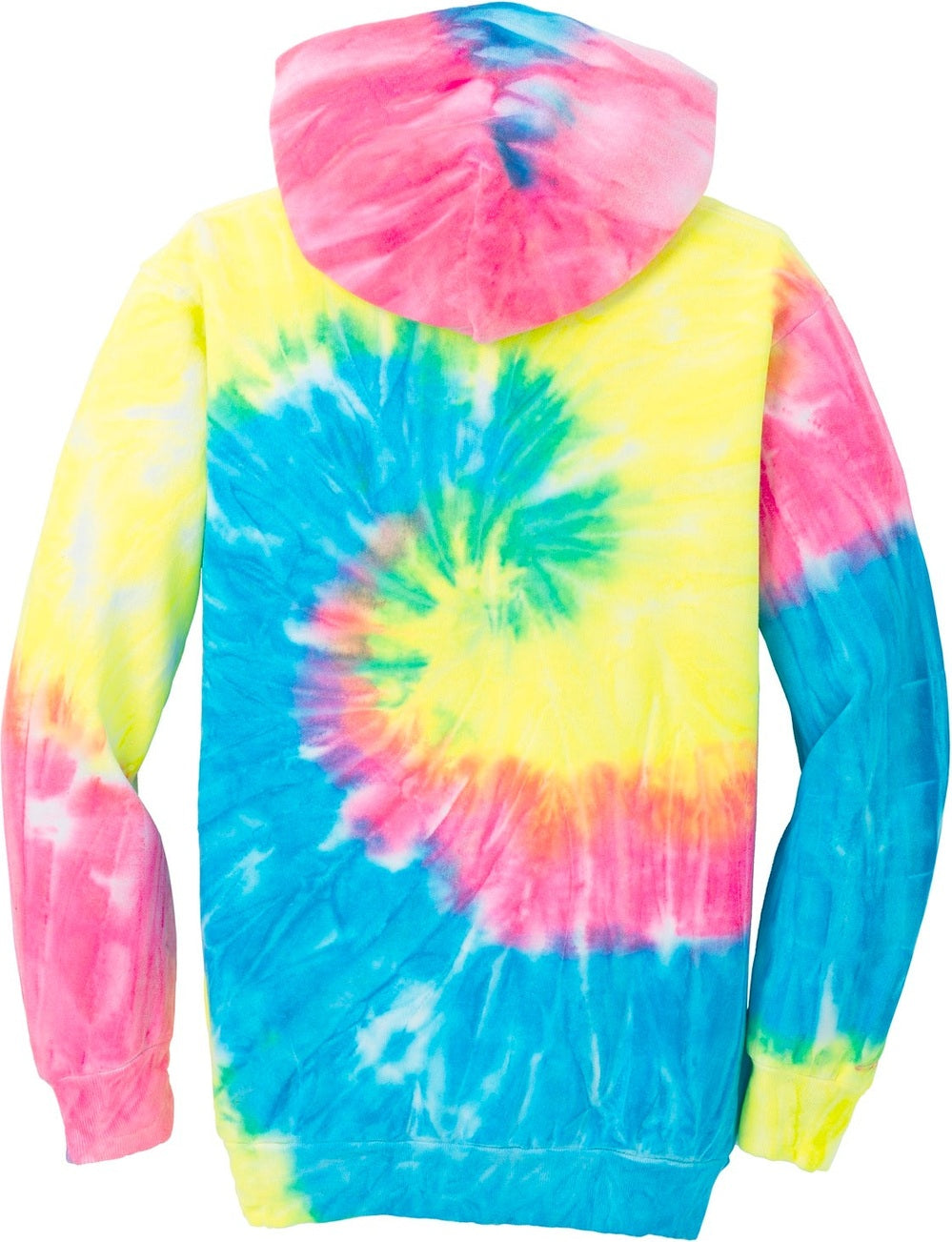 Rear View of Neon Rainbow Port & Co Youth Tie-Dye Pullover Hooded Sweatshirt. PC146Y
