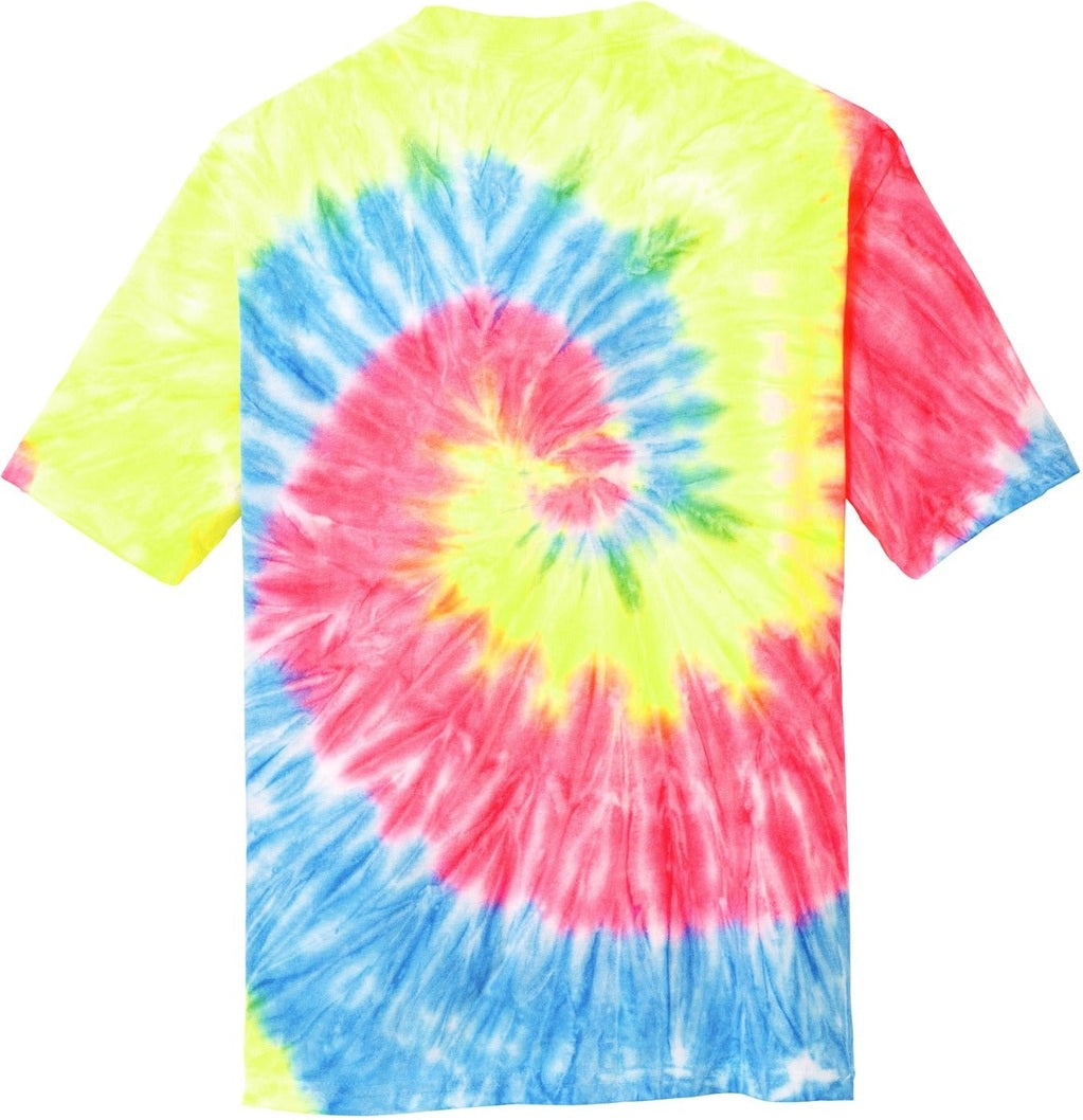Front View of Neon Rainbow Port & Co Youth Tie-Dye Tee. PC147Y
