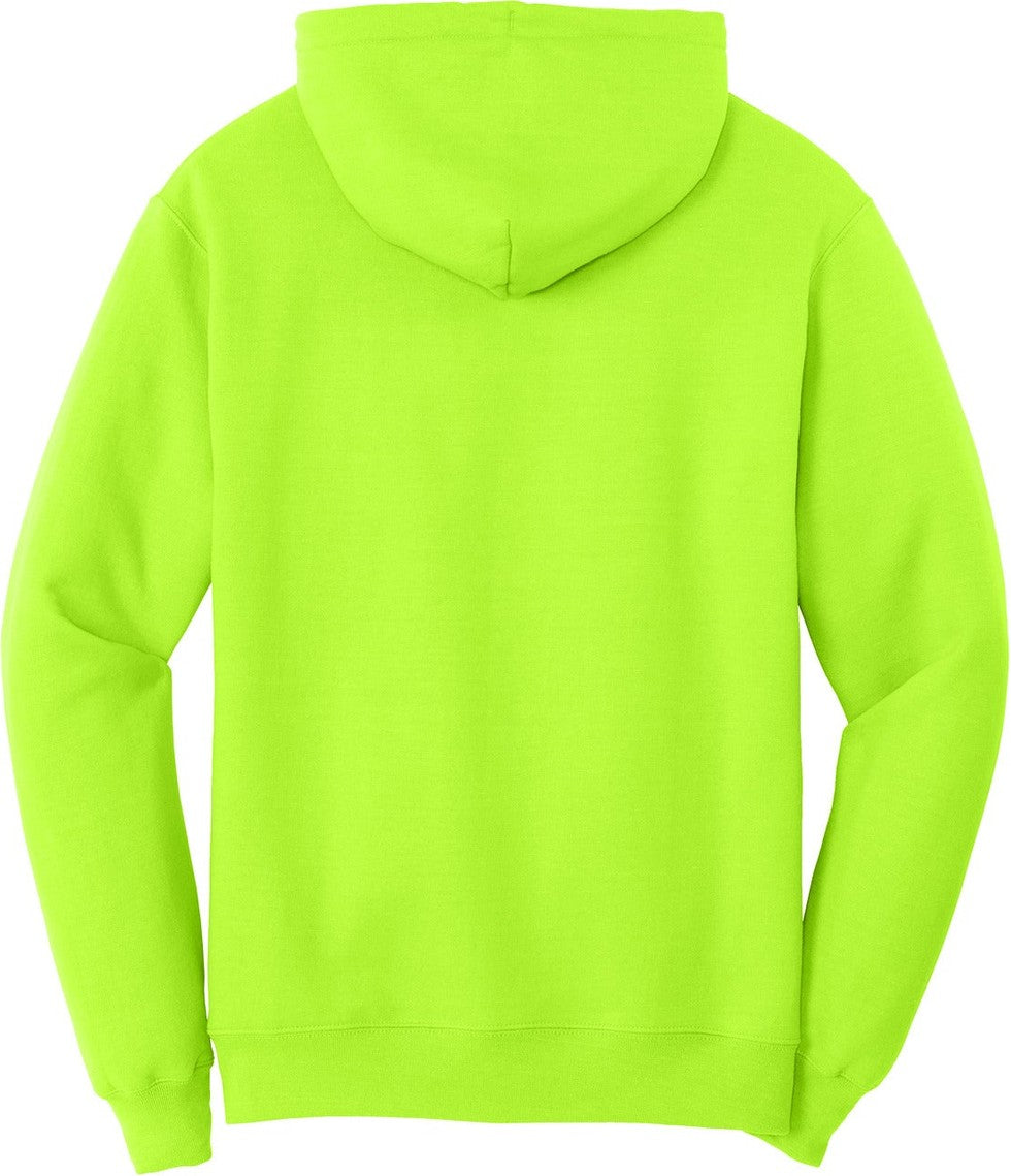 Front View of Neon Yellow Port & Co Core Fleece Pullover Hooded Sweatshirt. PC78H