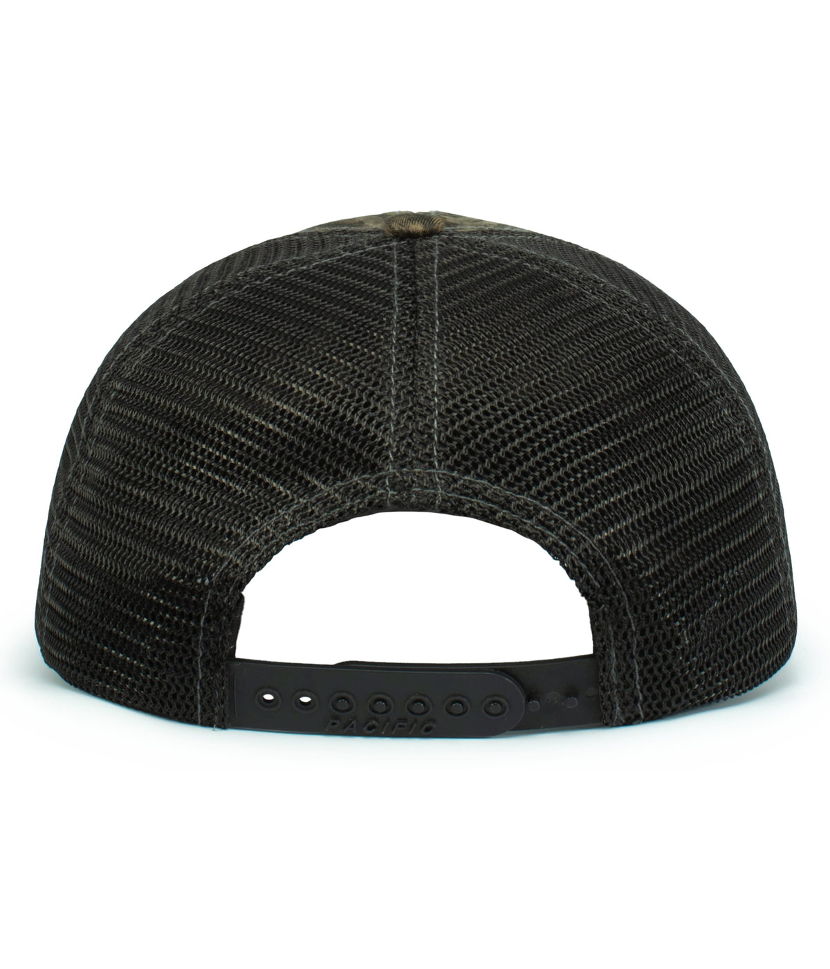 Rear View of NEW BOTTOMLAND/LT CHARCOAL/NEW BOTTOMLAND VINTAGE MOSSY OAK TRUCKER