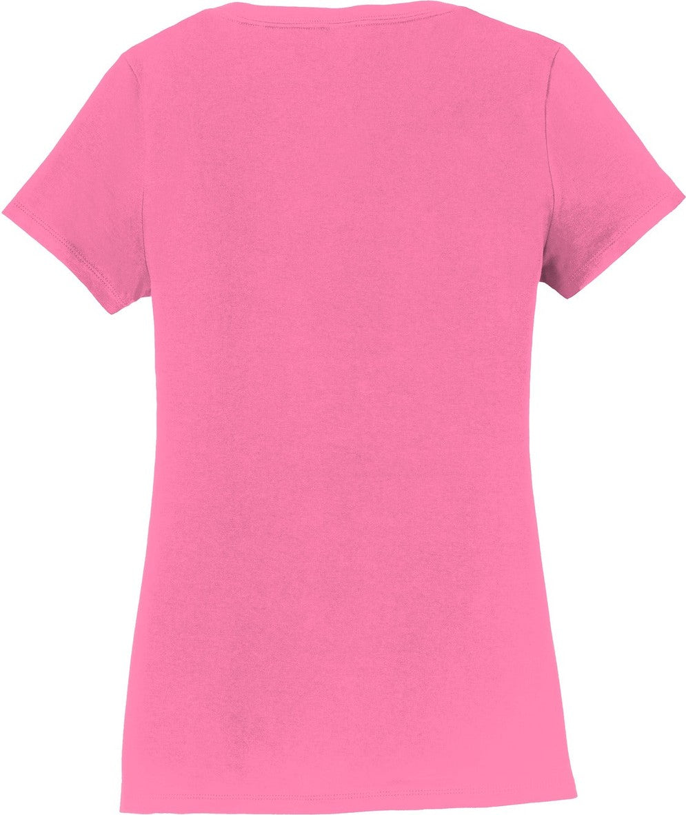 Front View of New Pink Port & Co Women's Fan Favorite V-Neck Tee. LPC450V