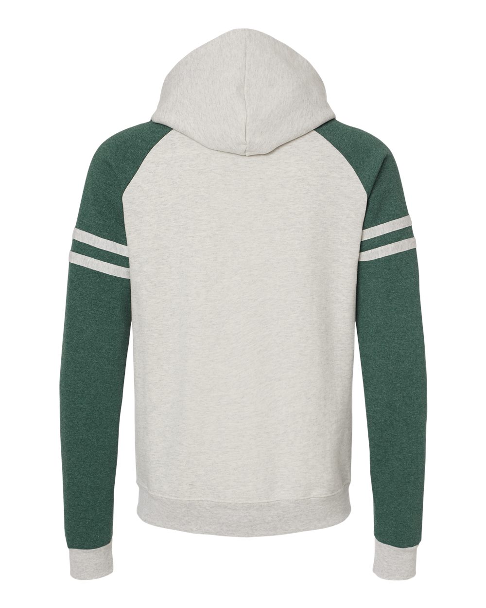 Front View of Oatmeal Heather/ Forest Green Heather Nublend® Varsity Colorblocked Raglan Hooded Sweatshirt - 97CR