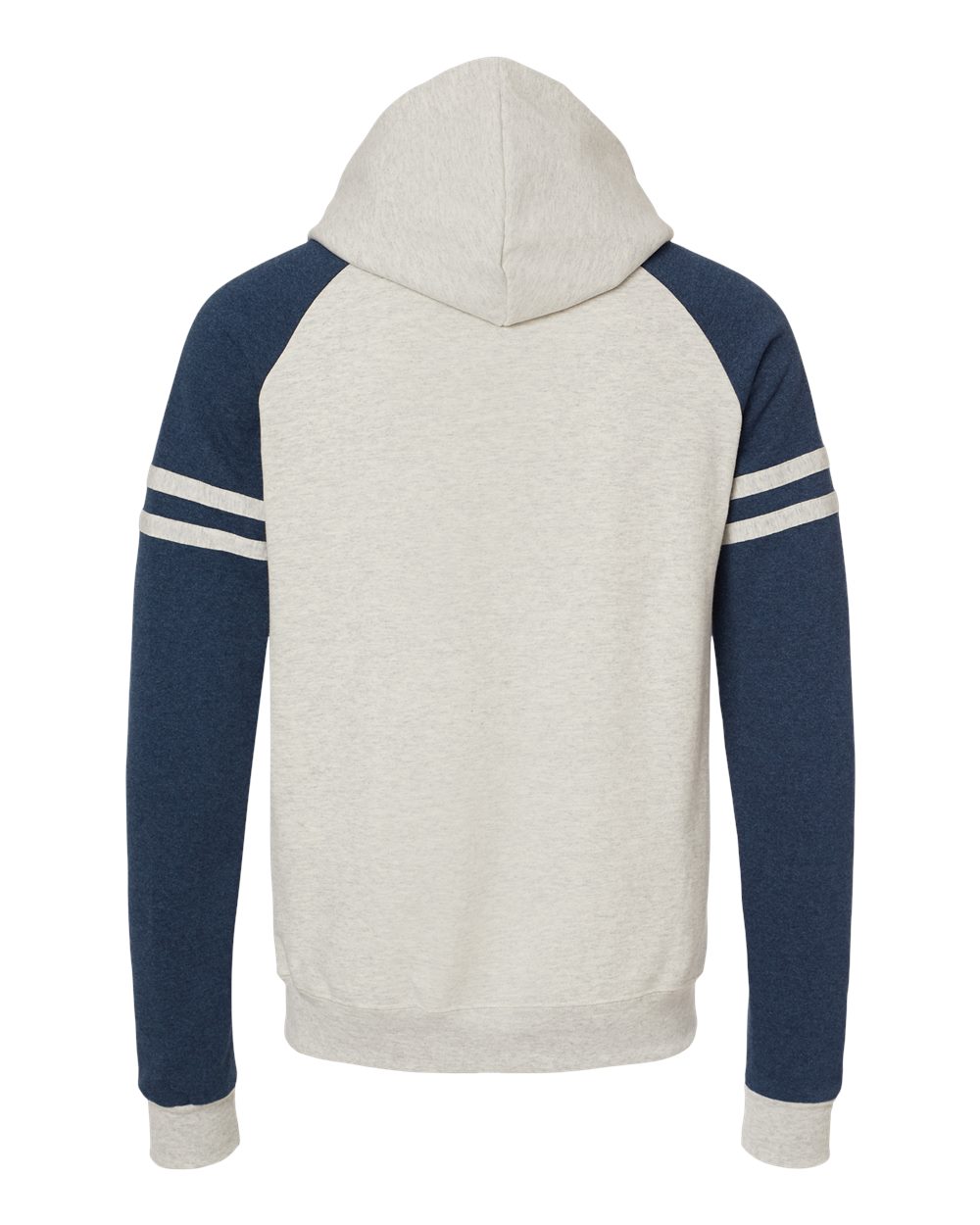 Front View of Oatmeal Heather/ Indigo Heather Nublend® Varsity Colorblocked Raglan Hooded Sweatshirt - 97CR