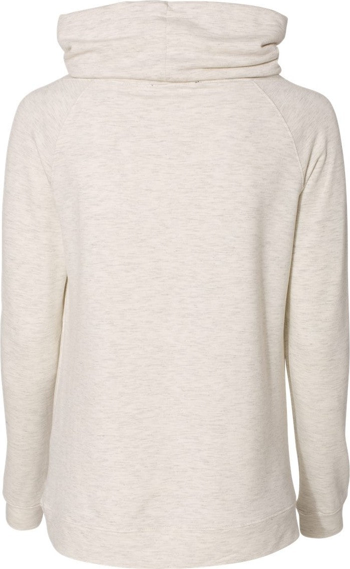 Rear View of Oatmeal Women’s HeatLast™ Fleece Faux Cashmere Funnel Neck Sweatshirt - W18706