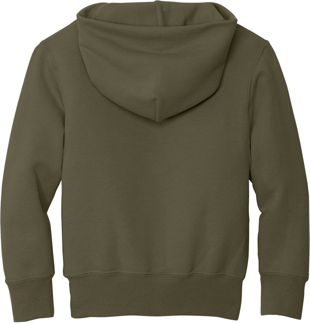 Rear View of Olive Drab Grn Port & Co Youth Core Fleece Pullover Hooded Sweatshirt. PC90YH
