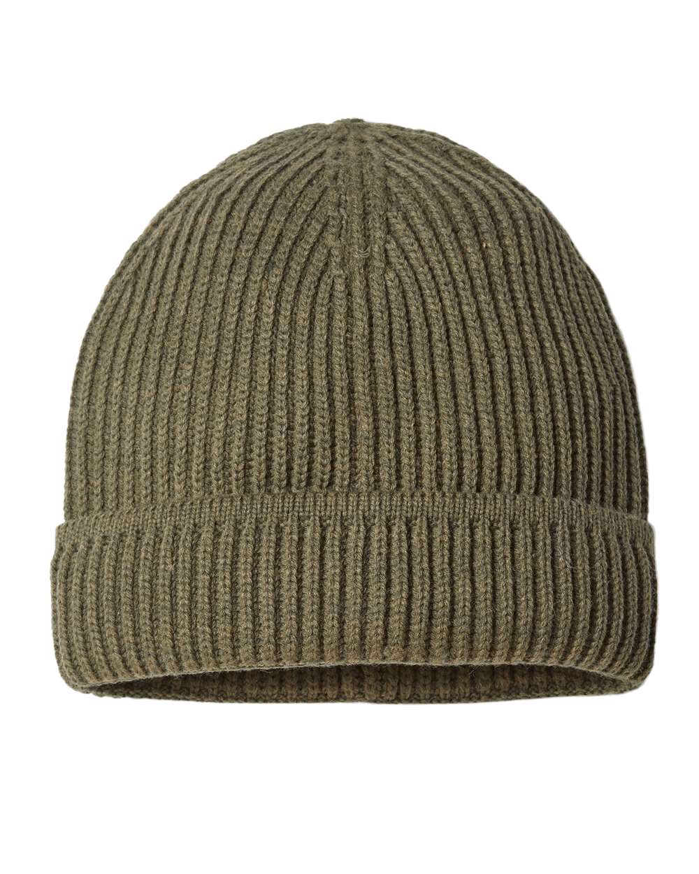 Front View of Olive Sustainable Finish Edge Cuffed Beanie - MAPLE