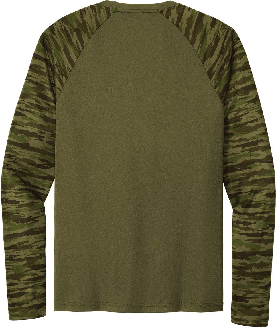 Front View of OlvDrabGn Sport-Tek Drift Camo Colorblock Long Sleeve Tee ST376LS
