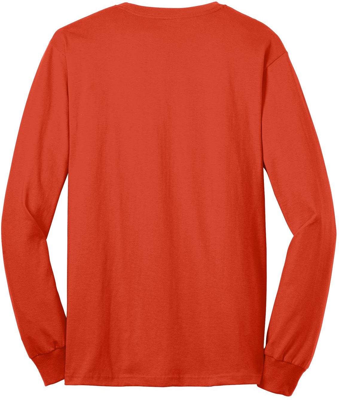 Rear View of Orange Port & Co Tall Long Sleeve Core Blend Tee. PC55LST