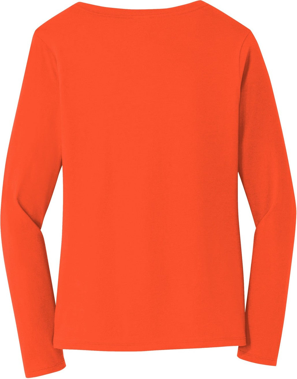 Rear View of Orange Port & Co Women's Long Sleeve Fan Favorite V-Neck Tee. LPC450VLS
