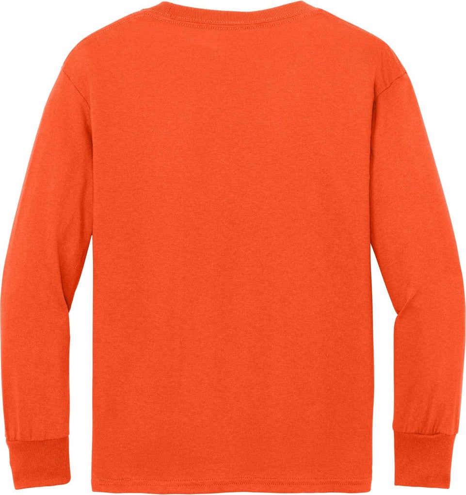 Front View of Orange Port & Co Youth Long Sleeve Core Cotton Tee. PC54YLS
