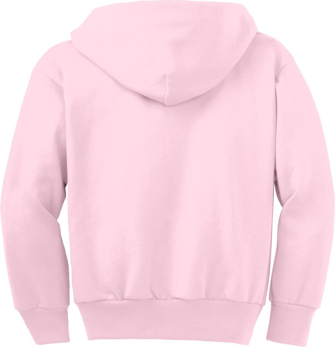 Front View of Pale Pink Port & Co Youth Core Fleece Full-Zip Hooded Sweatshirt. PC90YZH