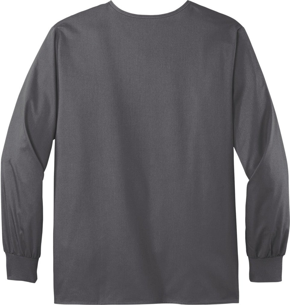 Rear View of Pewter Wink Unisex WorkFlex Snap-Front Scrub Jacket WW3080