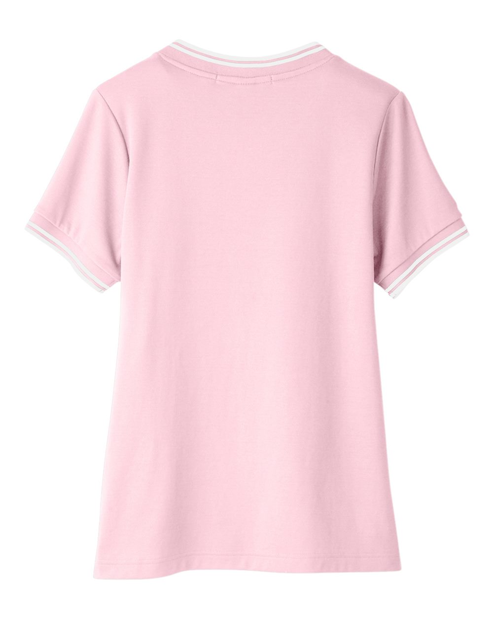 Front View of Pink/ White Women's CrownLux Performance® Plaited Tipped V-Neck Shirt - DG20CW