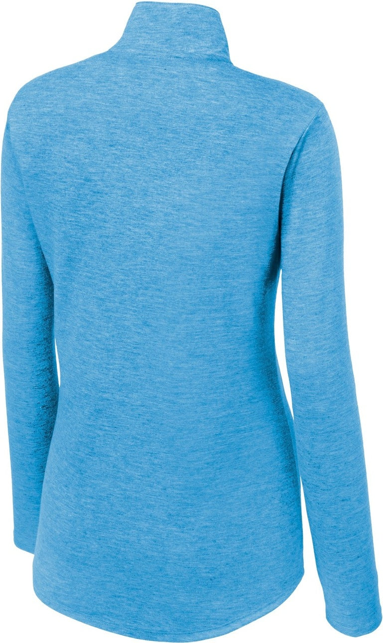Front View of Pond Blue Hthr Sport-Tek Women's PosiCharge Tri-Blend Wicking 1/4-Zip Pullover. LST407
