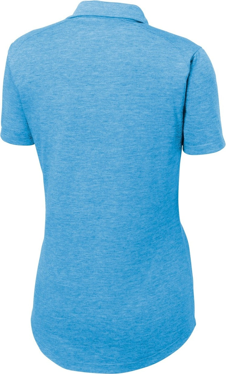 Rear View of Pond Blue Hthr Sport-Tek Women's PosiCharge Tri-Blend Wicking Polo. LST405