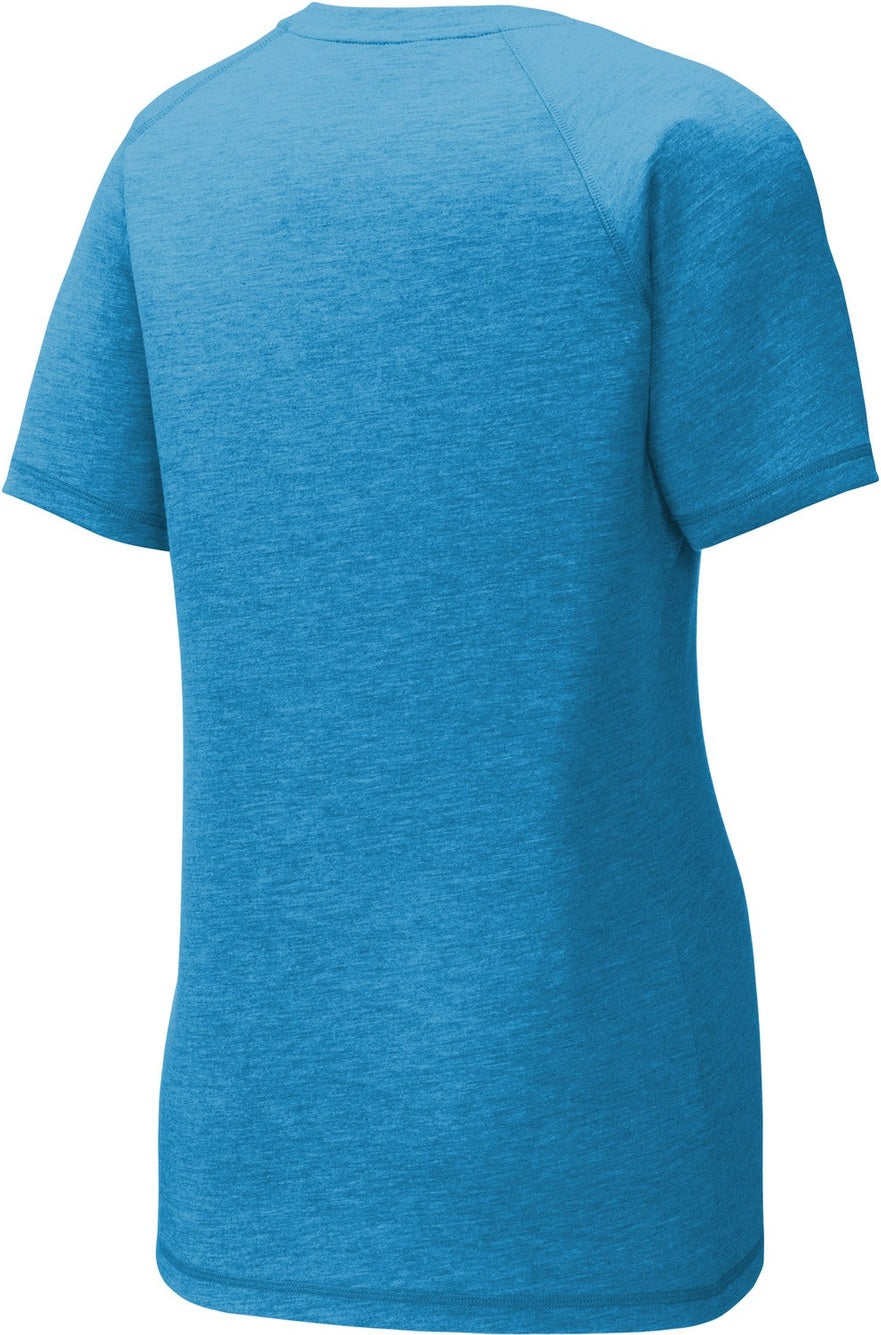 Front View of Pond Blue Hthr Sport-Tek Women's PosiCharge Tri-Blend Wicking Scoop Neck Raglan Tee. LST400