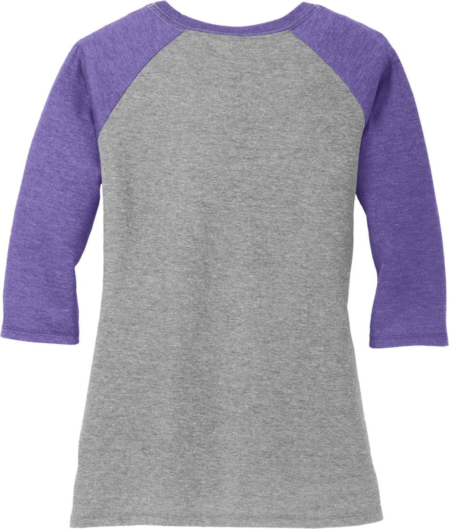 Front View of Purple Fr/Gy F District Women's Perfect Tri 3/4-Sleeve Raglan. DM136L