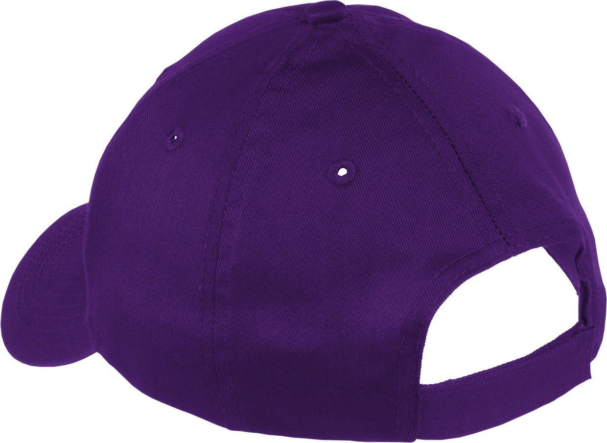 Front View of Purple Port Authority Youth Six-Panel Twill Cap. YCP80