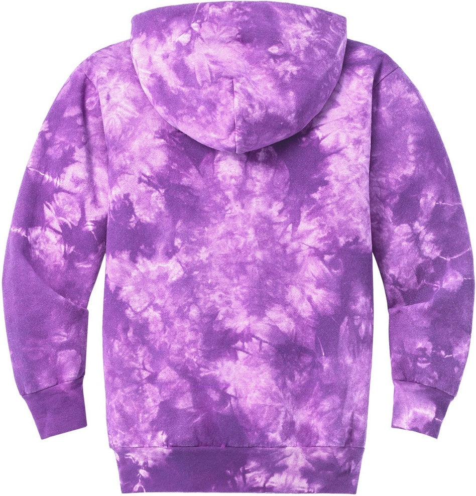 Front View of Purple Port & Co Youth Crystal Tie-Dye Pullover Hoodie PC144Y