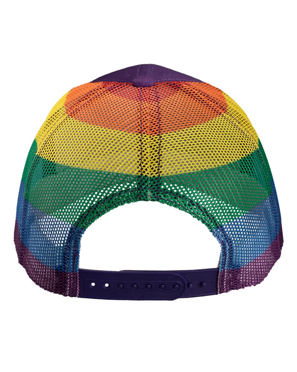 Rear View of Purple/ Rainbow Printed Mesh Trucker Cap - S700M