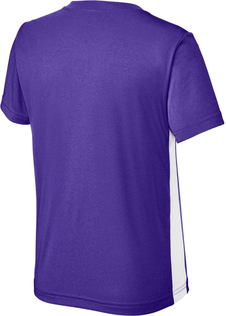 Front View of Purple/Wh Sport-Tek Youth Competitor United V-Neck YST101