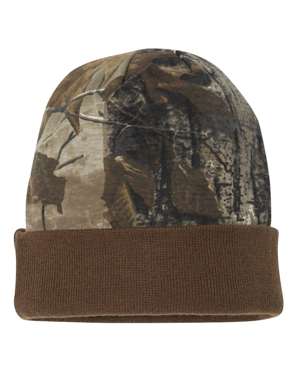 Front View of Realtree AP/ Brown 12" Licensed Camo Cuffed Beanie - LCB12