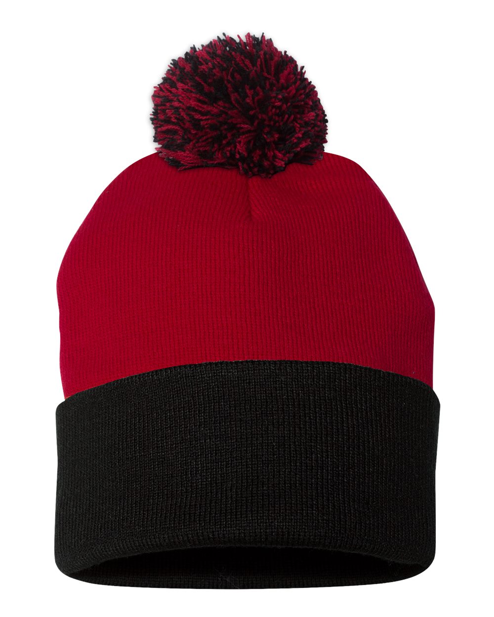 Front View of Red/ Black 12" Pom-Pom Cuffed Beanie - SP15