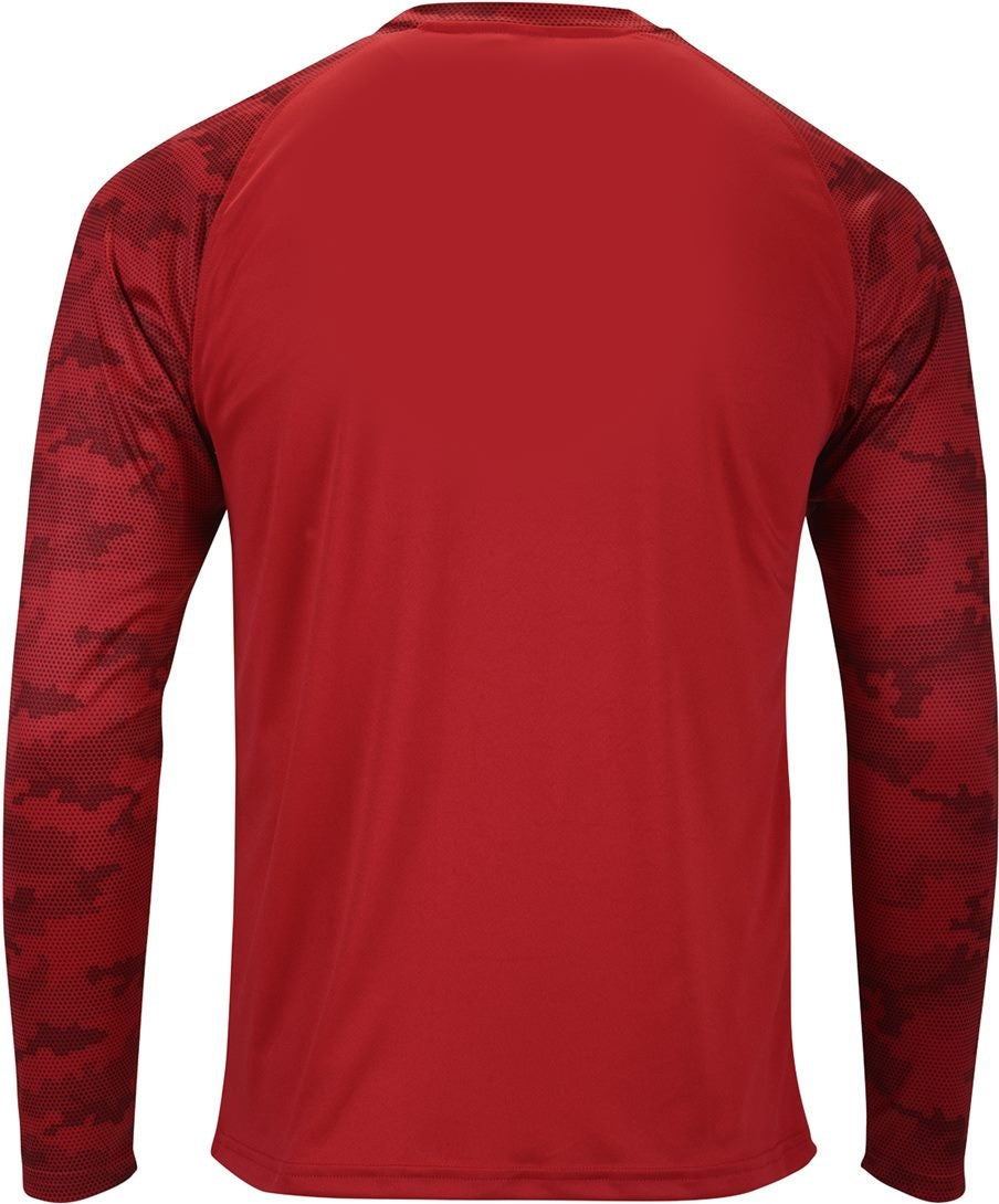 Rear View of Red Cayman Performance Camo Colorblocked Long Sleeve T-Shirt - 216