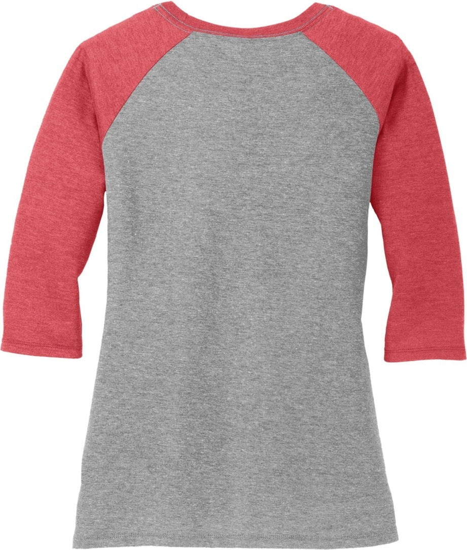 Front View of Red Fr/Grey Fr District Women's Perfect Tri 3/4-Sleeve Raglan. DM136L