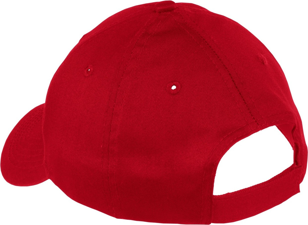 Front View of Red Port Authority Youth Six-Panel Twill Cap. YCP80