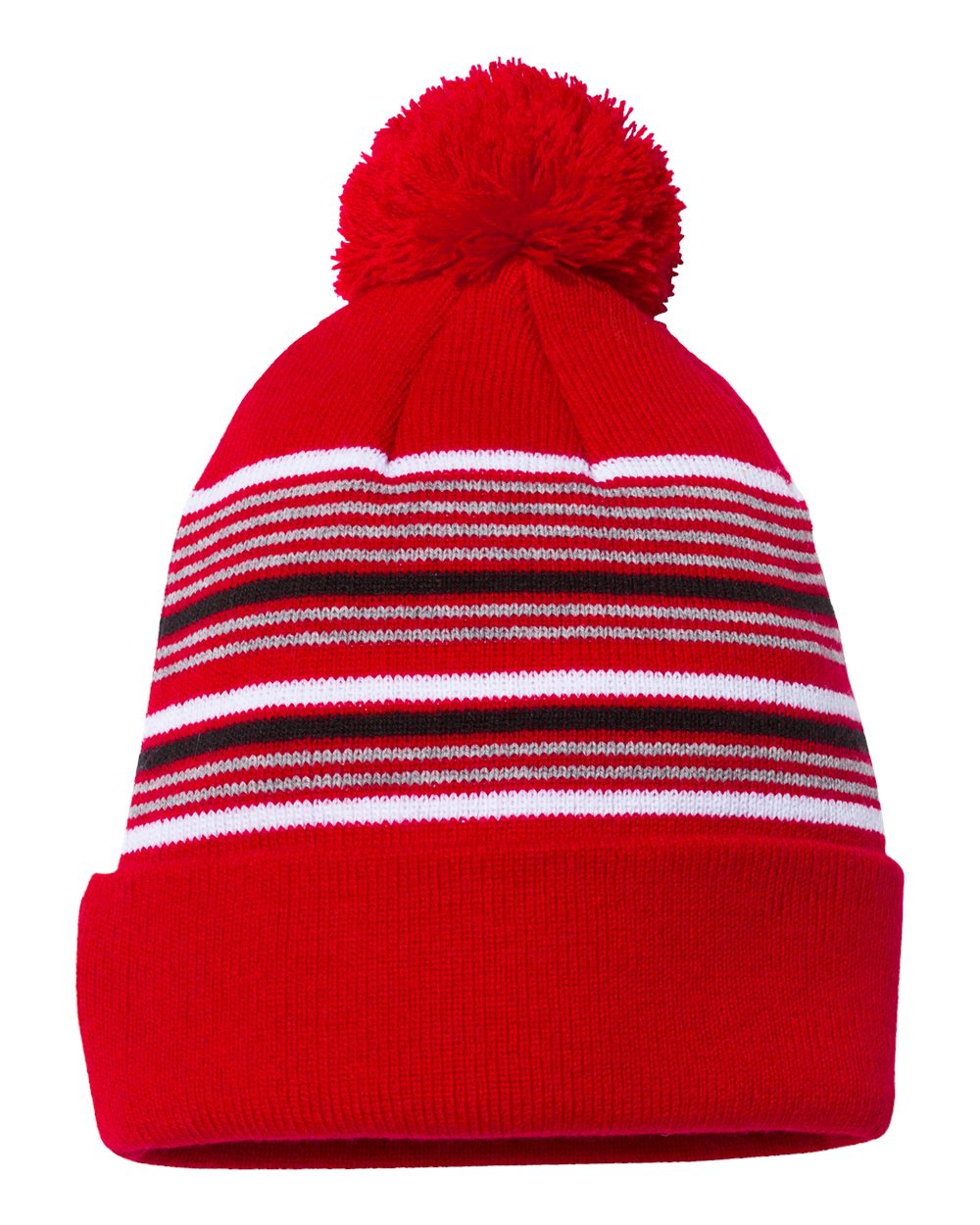 Rear View of Red/ White/ Grey/ Black 12" Striped Pom-Pom Cuffed Beanie - SP60