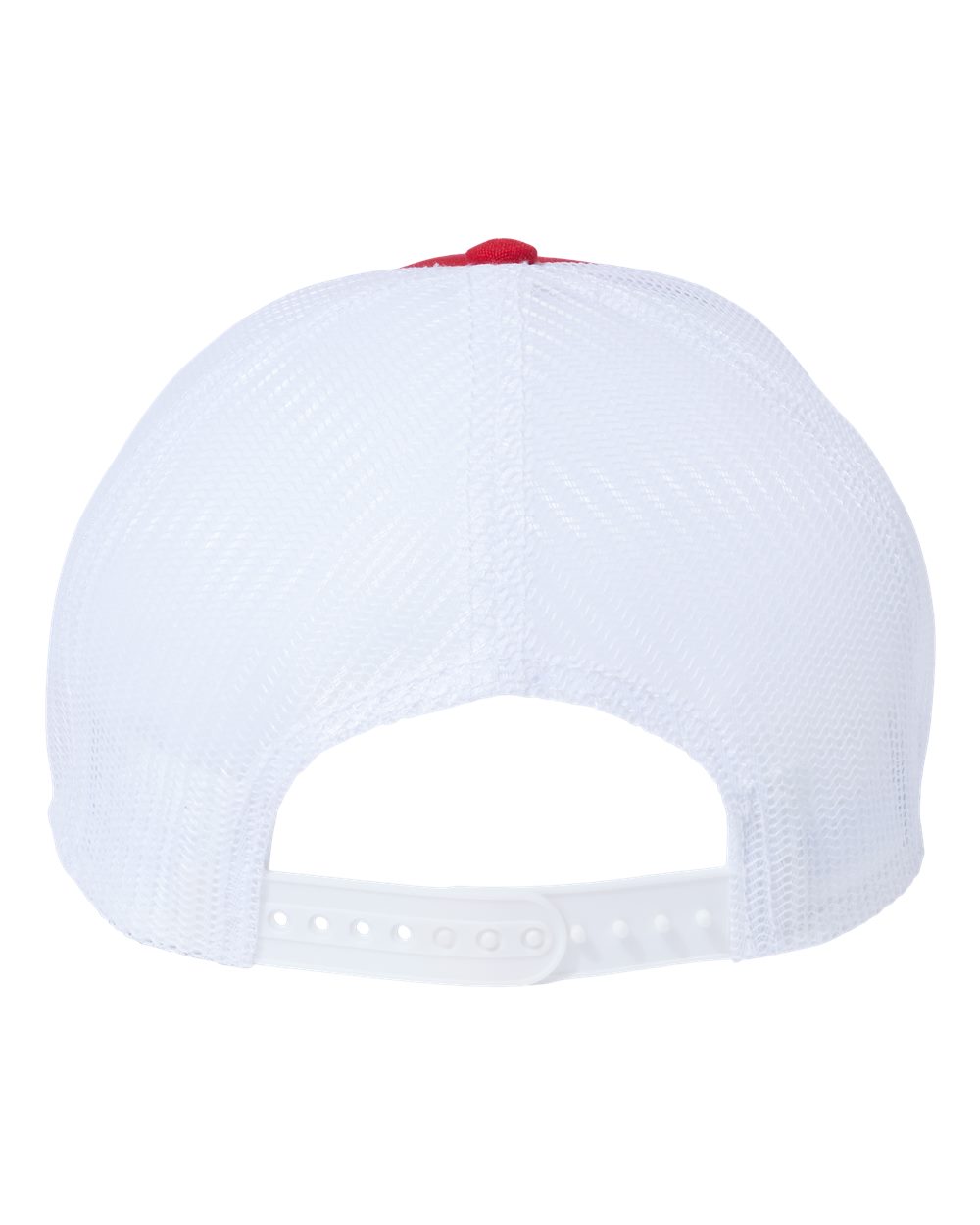 Front View of Red/ White Sustainable Recy Three Trucker Cap - RETH