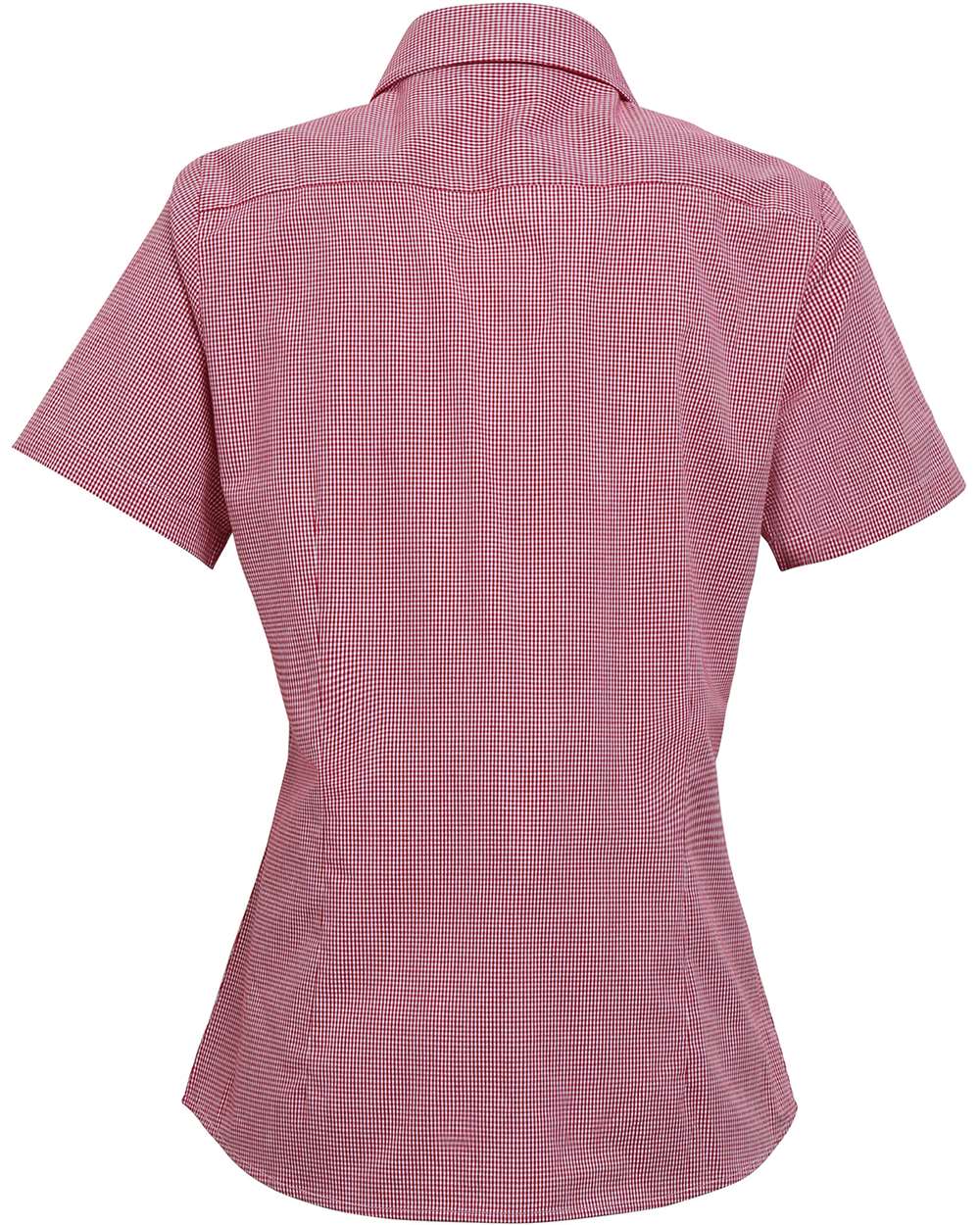 Rear View of Red/ White Women's Microcheck Gingham Short Sleeve Cotton Dress Shirt - RP321