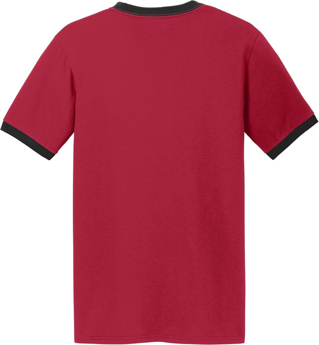 Rear View of Red/Jet Black Port & Co Core Cotton Ringer Tee. PC54R