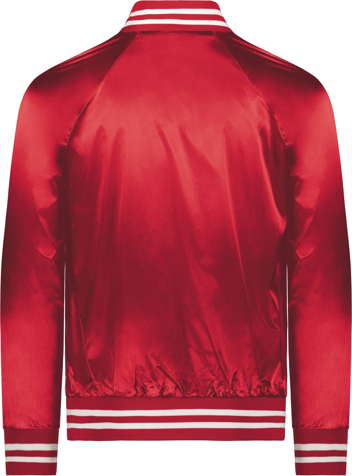 Rear View of RED/WHITE SATIN BASEBALL JKT/STRIPED TRM
