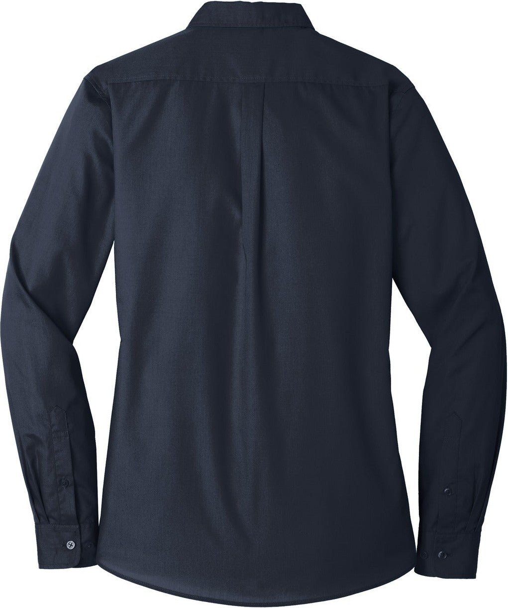 Front View of River Blue Nvy Port Authority Women's Long Sleeve Carefree Poplin Shirt. LW100