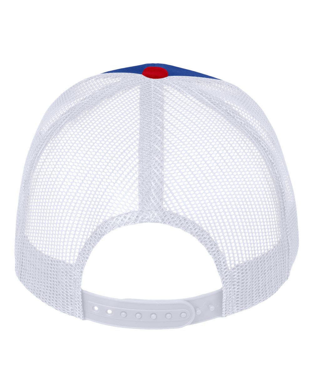 Rear View of Royal/ White/ Red Mesh-Back Twill Trucker Cap - VC400