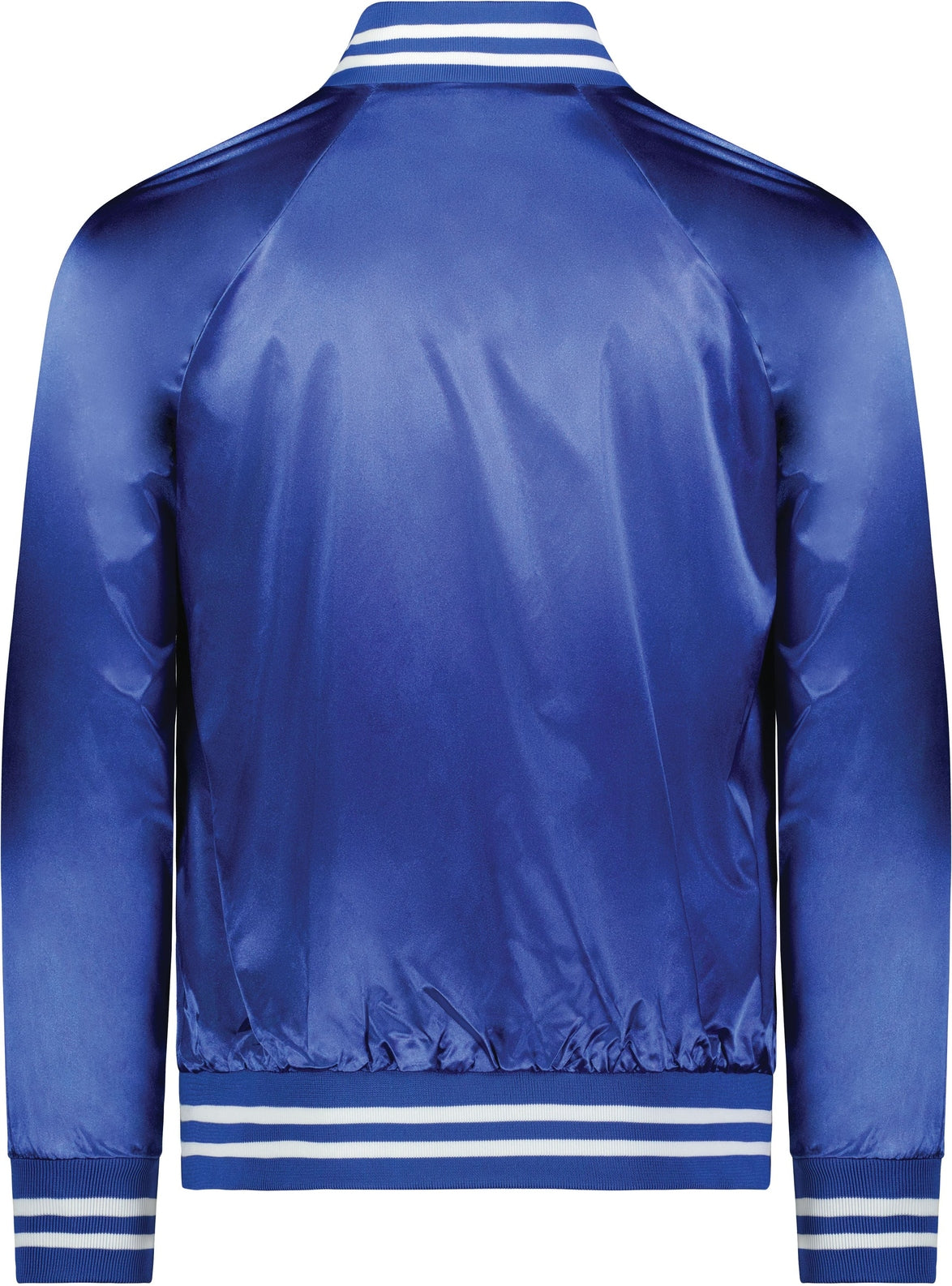 Rear View of ROYAL/WHITE SATIN BASEBALL JKT/STRIPED TRM