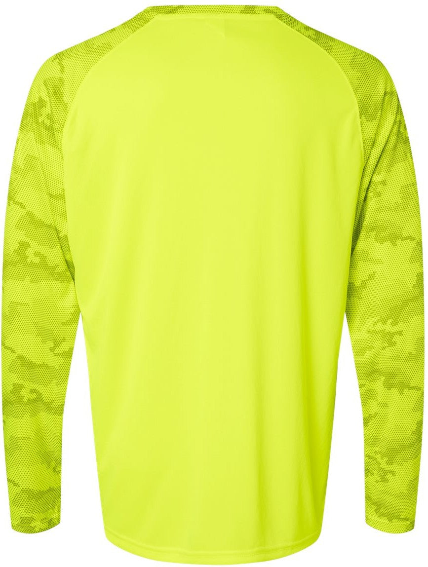 Rear View of Safety Green Cayman Performance Camo Colorblocked Long Sleeve T-Shirt - 216