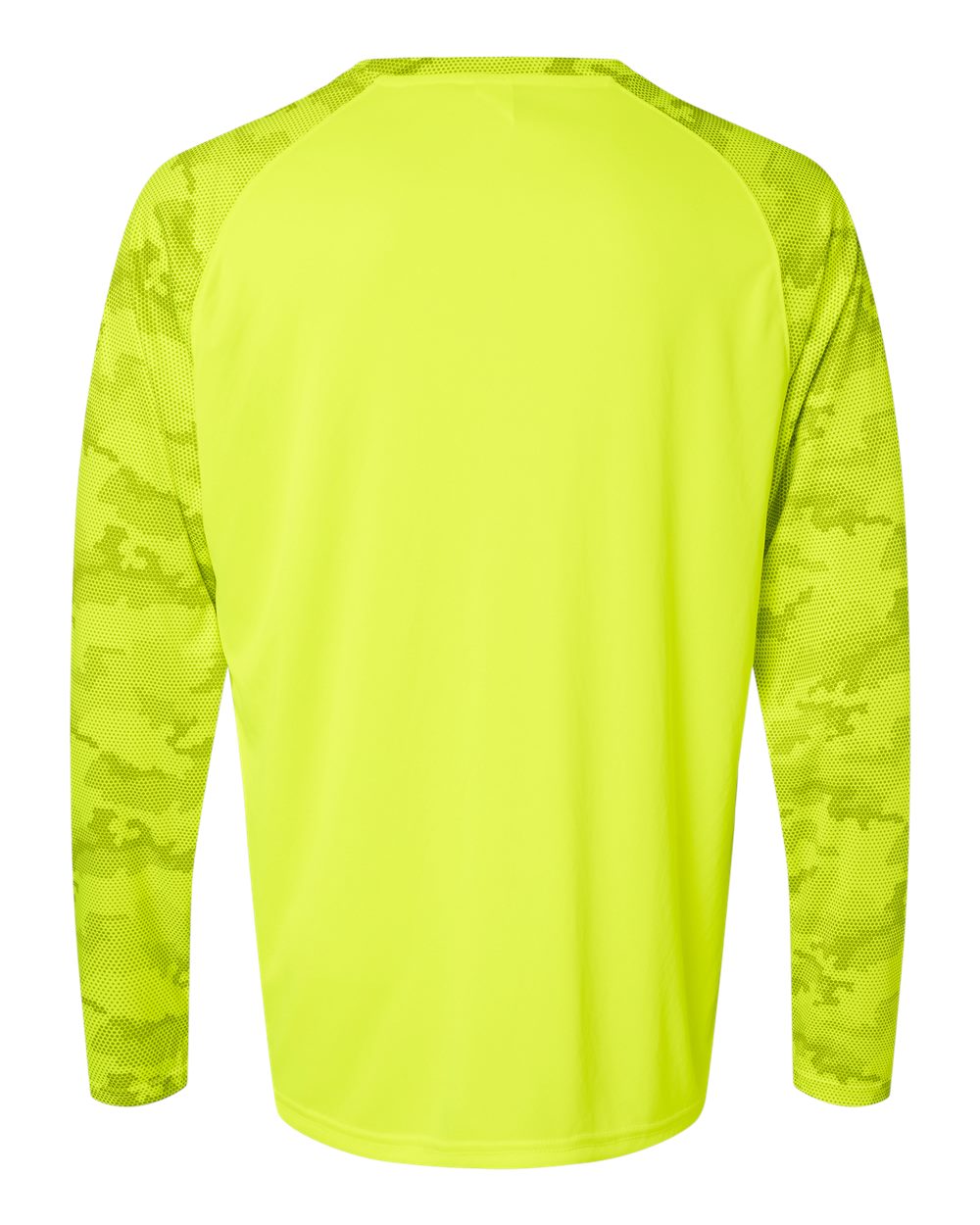 Front View of Safety Green Cayman Performance Camo Colorblocked Long Sleeve T-Shirt - 216