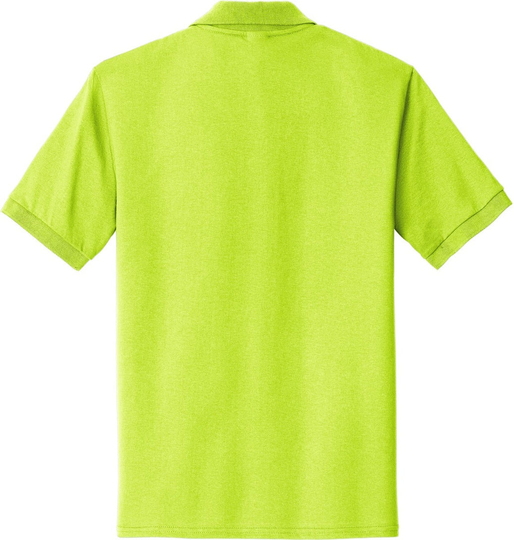 Front View of Safety Green Port & Co Core Blend Jersey Knit Pocket Polo. KP55P